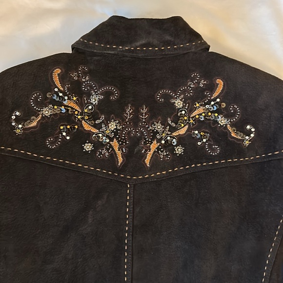 Coldwater Creek Leather Suede Blazer Jacket Large Dark Brown Embellished Western - Picture 4 of 11